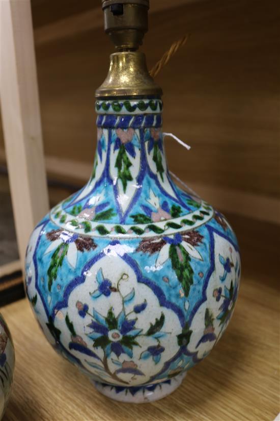 A Chinese wucai garlic-mouthed vase, late 17th century, restored, hole to base and an Isnik style baluster vase, possibly Kutahya (both